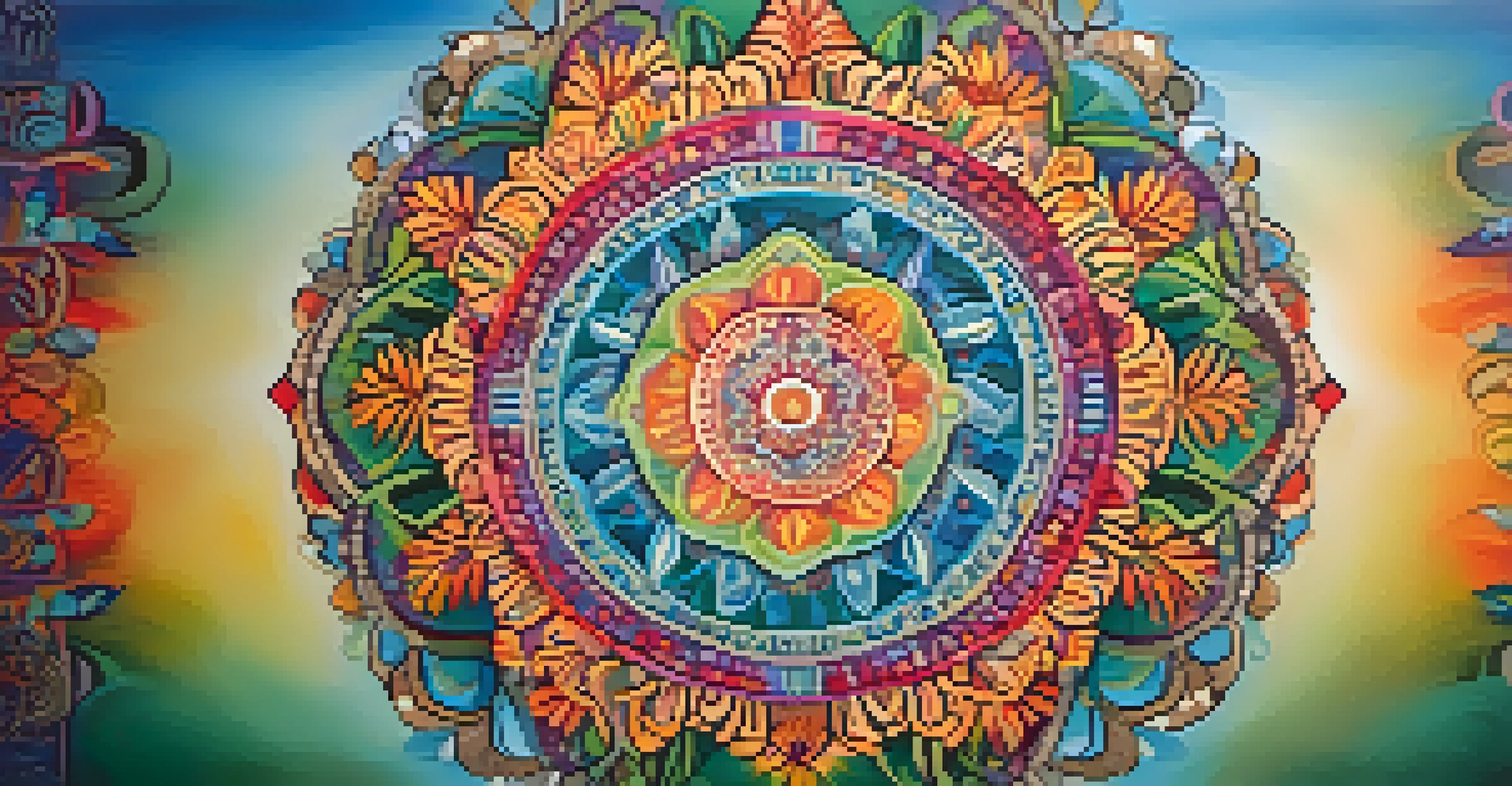 A vibrant mandala design featuring intricate patterns, set against a softly blurred natural background, symbolizing interconnectedness and peace.