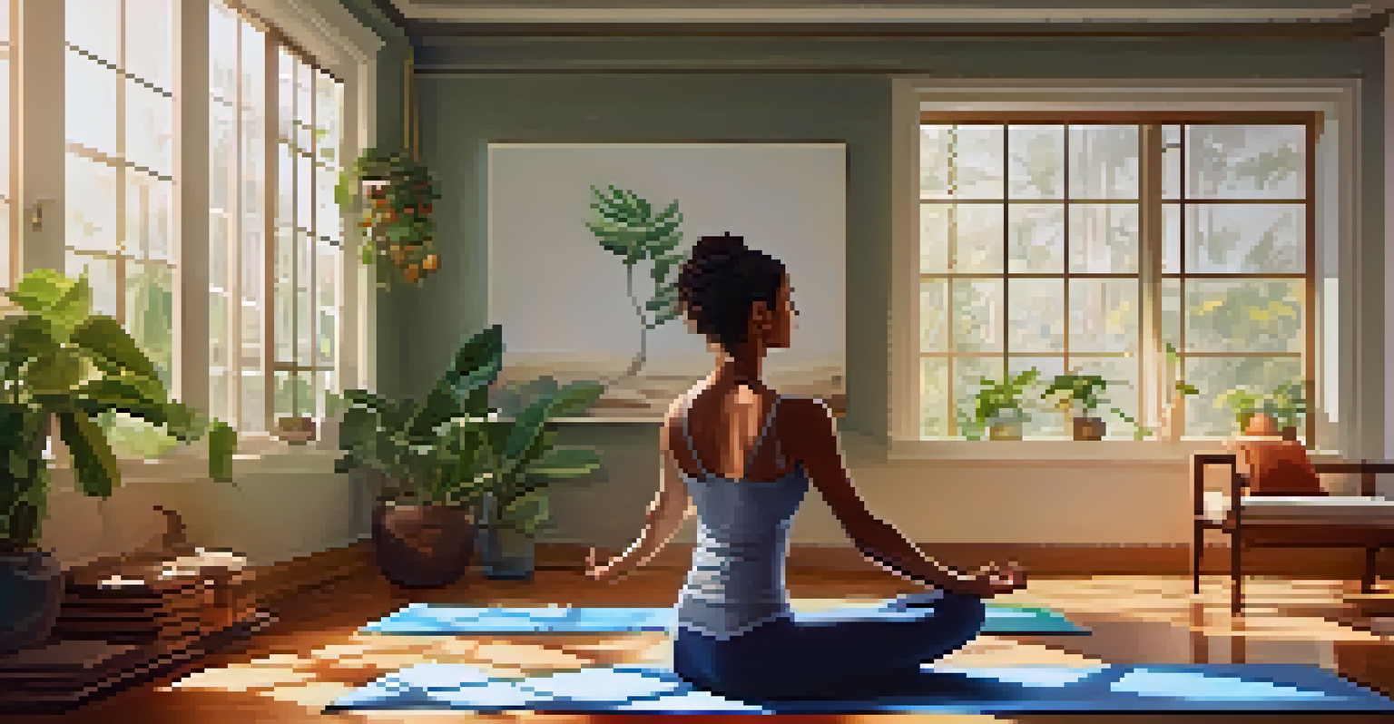 A person practicing yoga in a sunlit room filled with colorful art and plants, representing the harmony of spirituality and wellness.