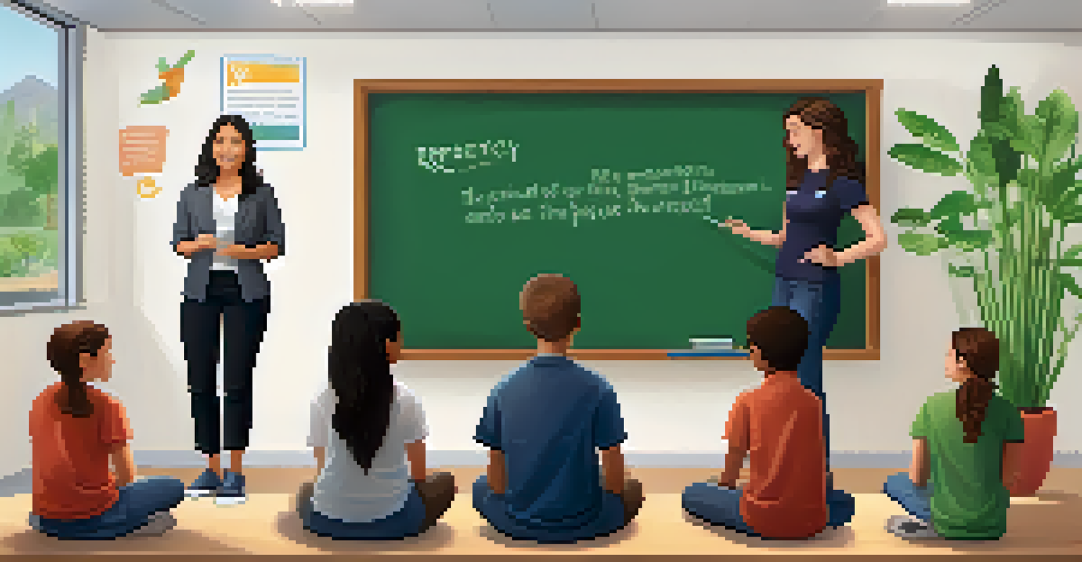 A teacher leading a small group discussion with students in a cozy classroom corner, surrounded by plants and a chalkboard displaying messages about empathy.