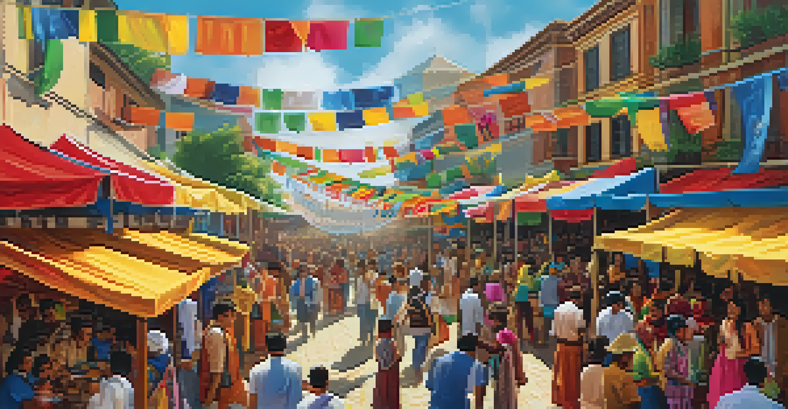 A lively cultural festival with diverse people enjoying food, music, and crafts in a vibrant street setting.