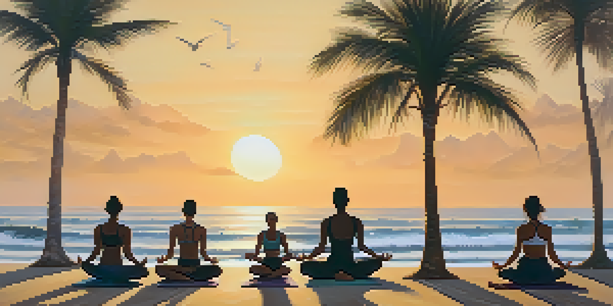 A diverse group of individuals practicing yoga on a beach at sunrise, with soft golden light and gentle waves in the background.