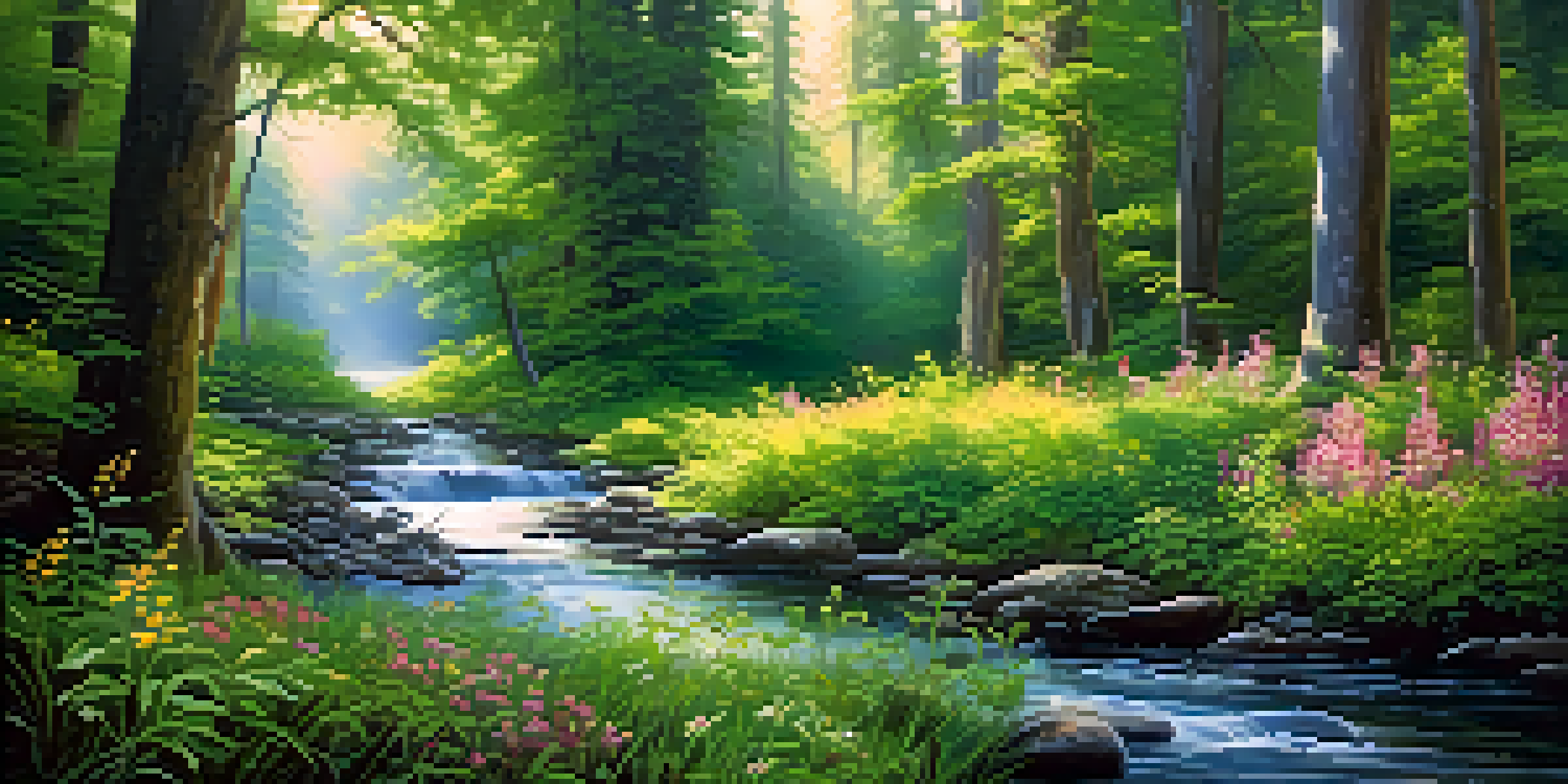 A tranquil forest with tall trees, bright wildflowers, and a soft sunlight filtering through the leaves, alongside a gentle stream.