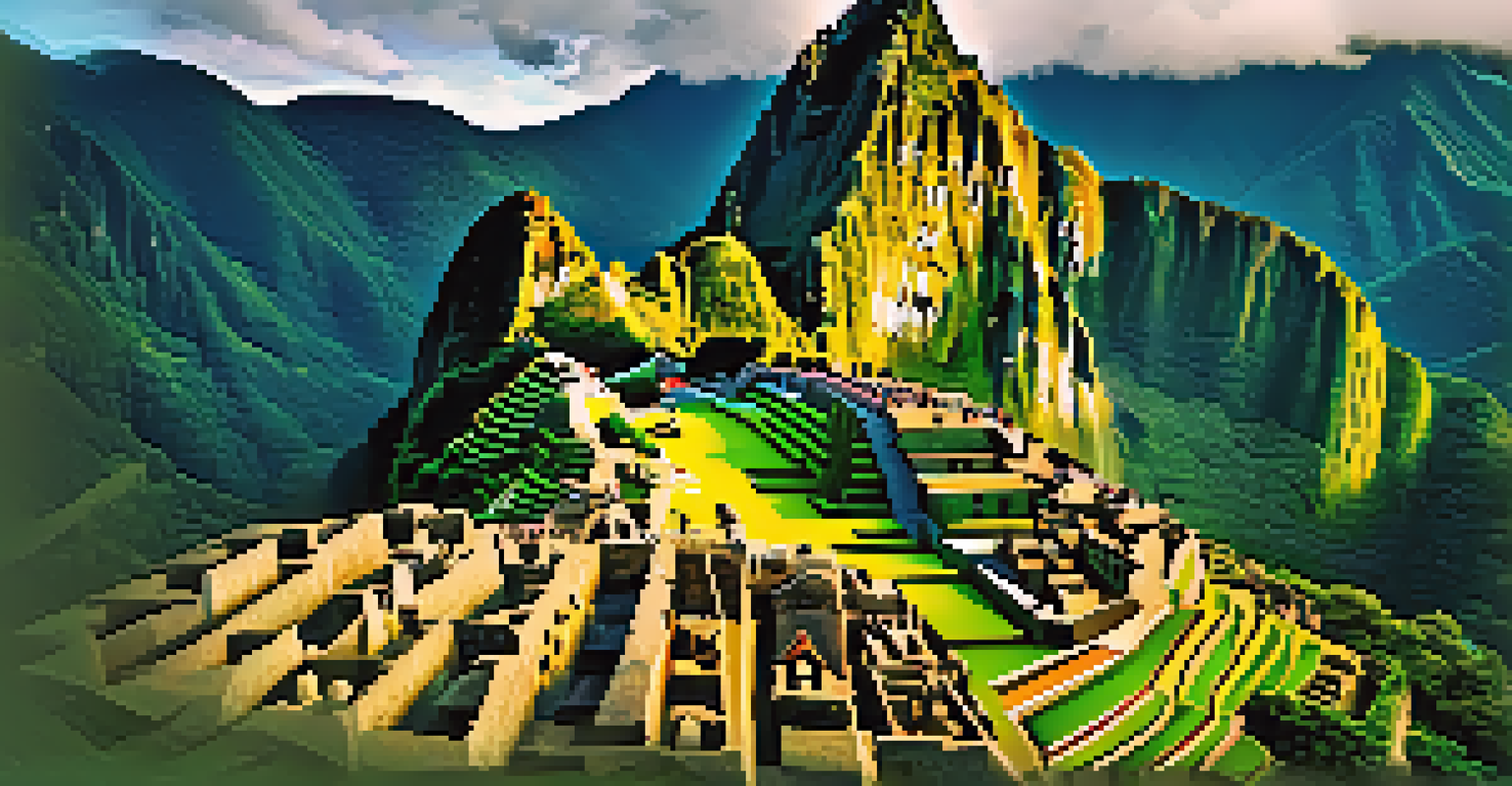 Aerial view of Machu Picchu with morning light, surrounded by mountains and a ceremonial banner in the foreground.