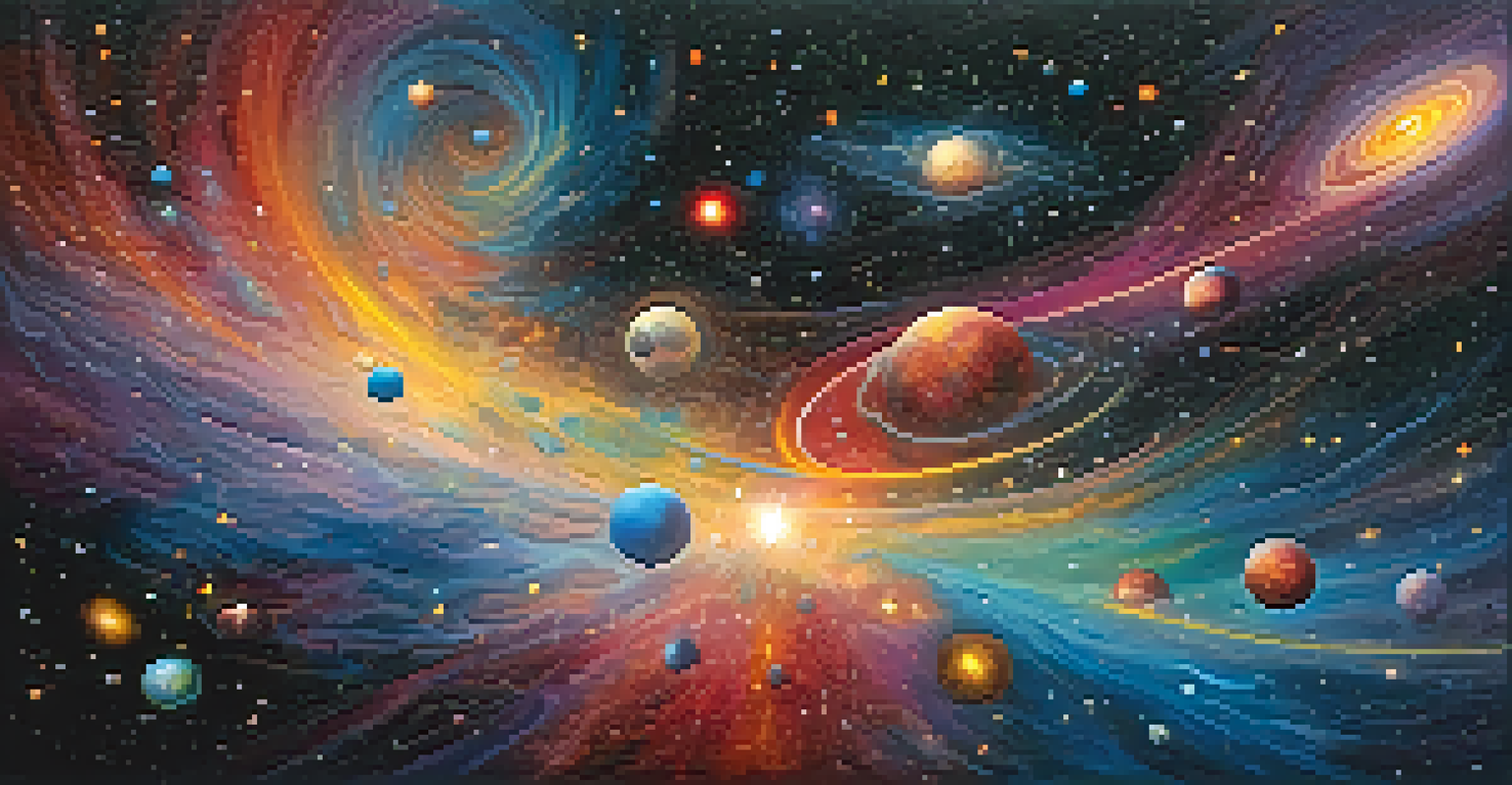 An abstract cosmic scene with swirling galaxies, vibrant colors, and twinkling stars, representing the universe.