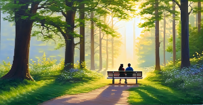 A couple meditating on a bench in a tranquil forest at sunrise, surrounded by lush greenery and colorful flowers.