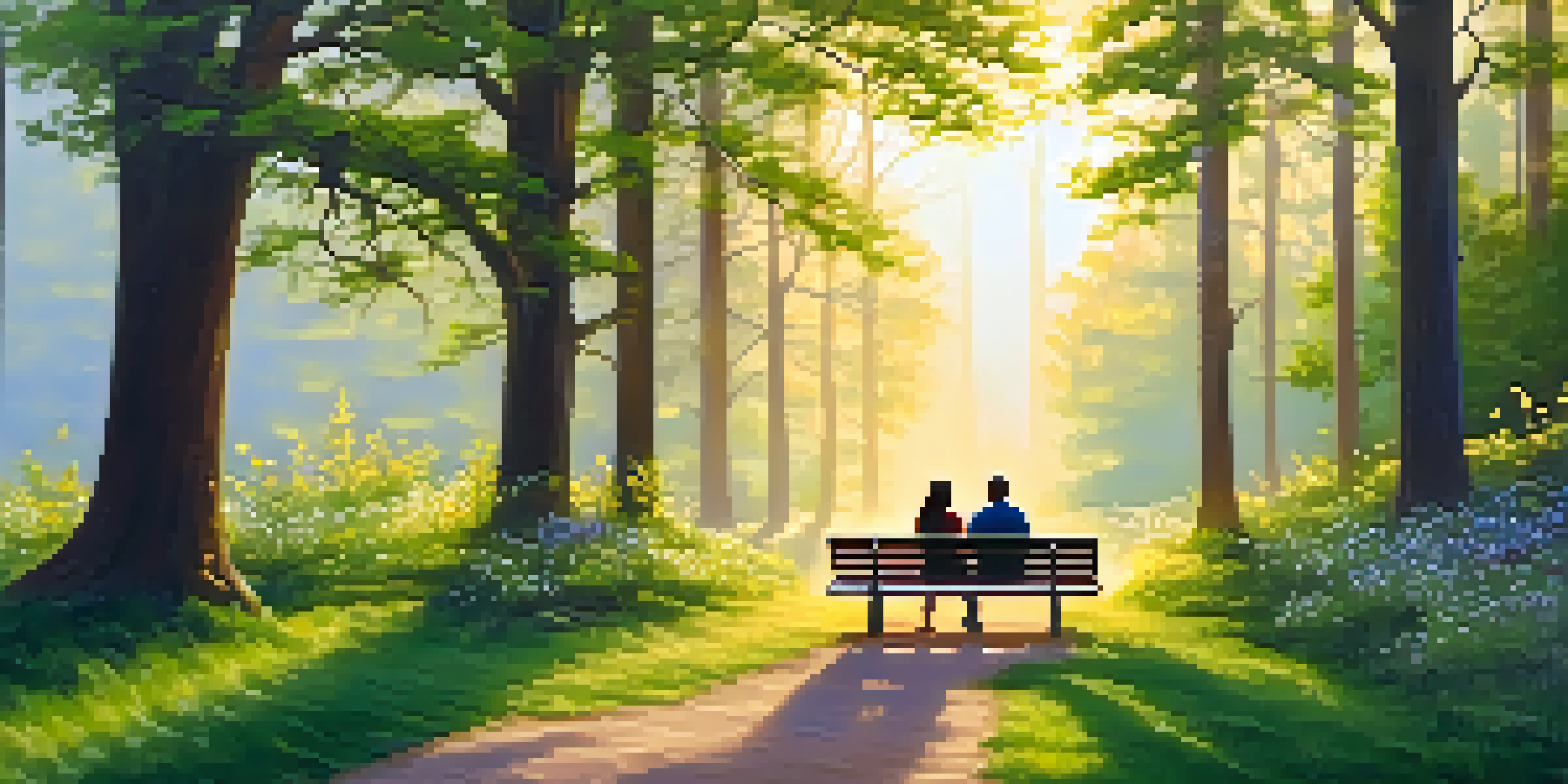 A couple meditating on a bench in a tranquil forest at sunrise, surrounded by lush greenery and colorful flowers.