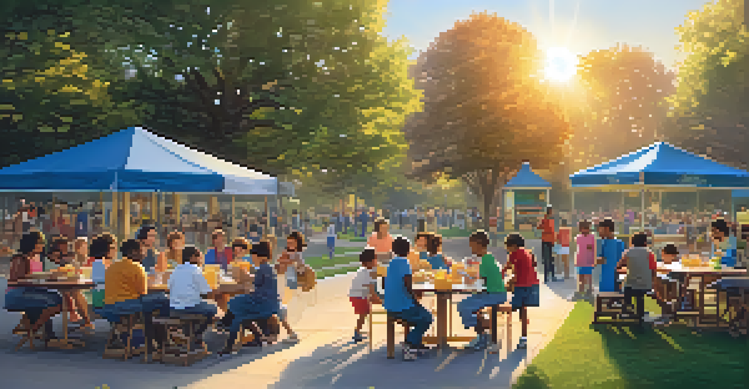 A vibrant community gathering in a park with diverse people engaging in kindness and service under sunset light.