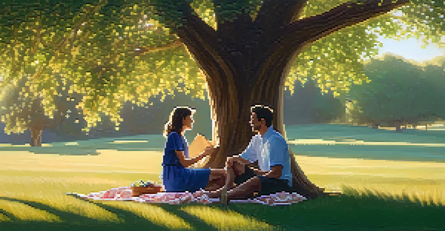 A couple sitting on a picnic blanket under a tree, engaged in a deep conversation during the golden hour.