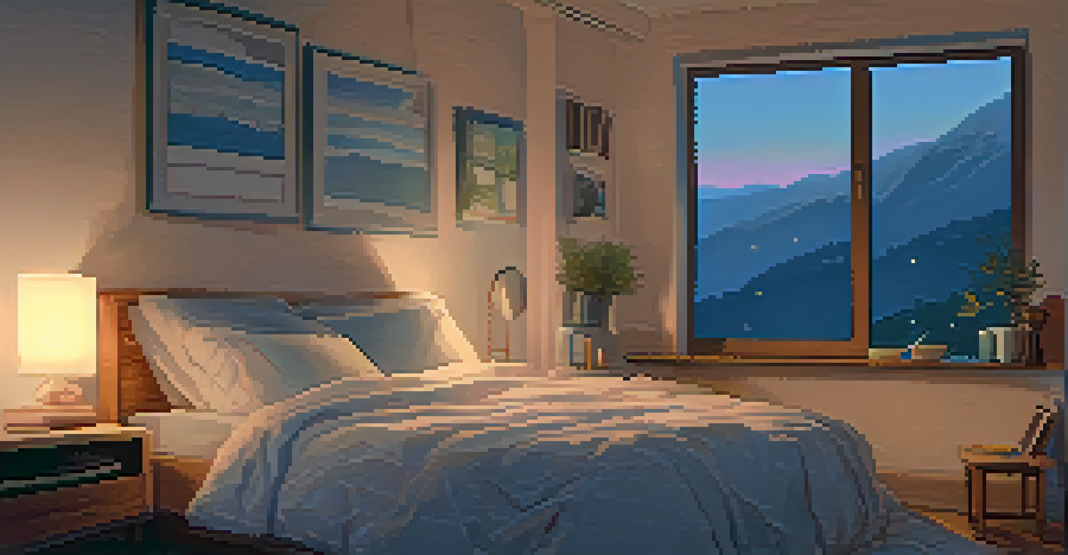 A person lying in a cozy bed practicing breath awareness in a softly lit bedroom.