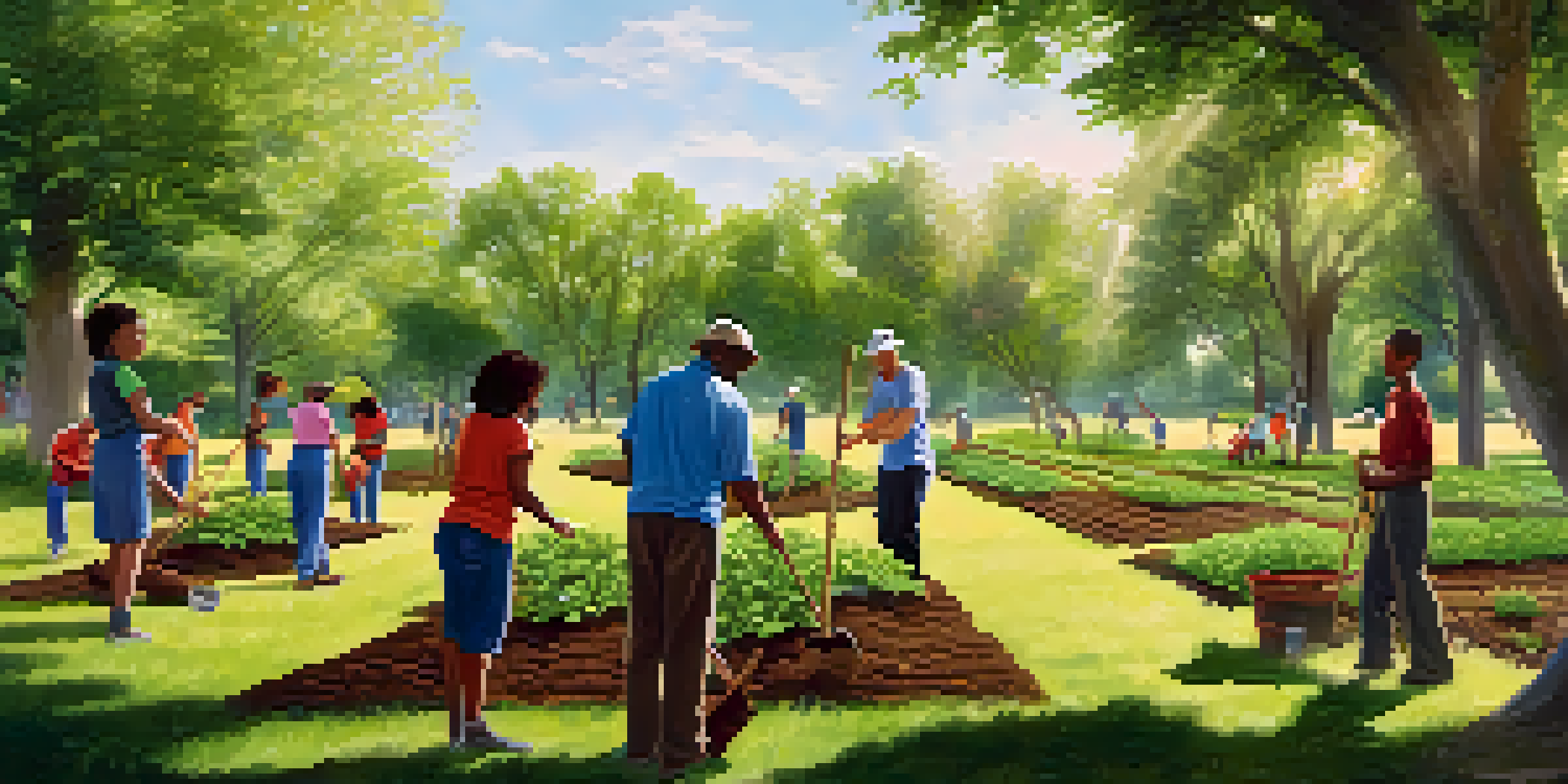 A diverse group of individuals planting trees in a sunny park, showcasing community service and cooperation.