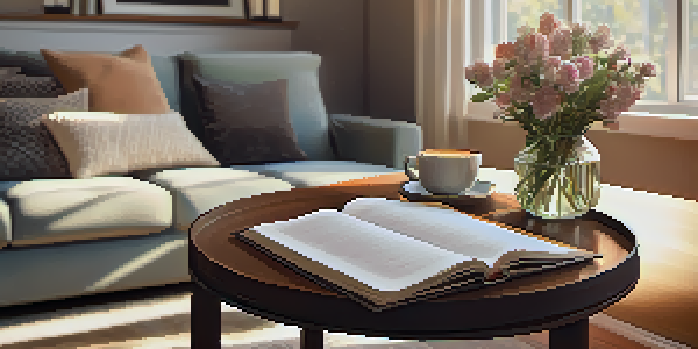 An indoor space with a gratitude journal, a cup of tea, and flowers on a coffee table, illuminated by a warm lamp.