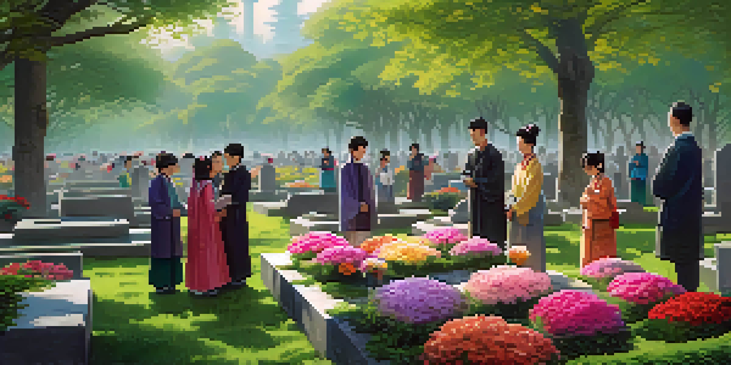 Family members in traditional clothing gather at a grave site during the Qingming festival, placing flowers and incense.