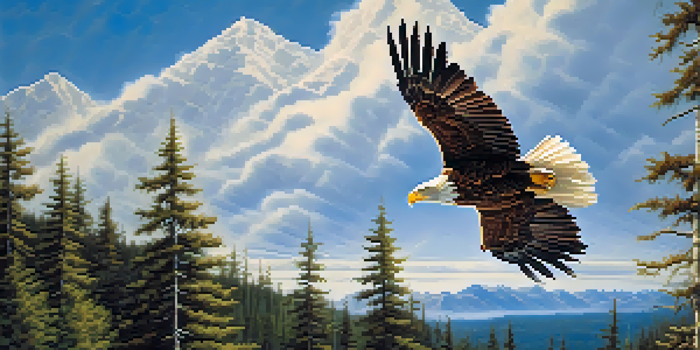 A majestic eagle soaring in a clear blue sky above a lush green forest, symbolizing strength and wisdom.