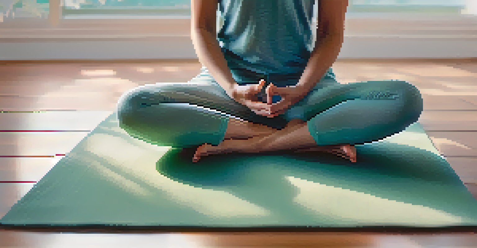 A close-up of a person meditating on a yoga mat, with a serene expression and calming colors in the background.