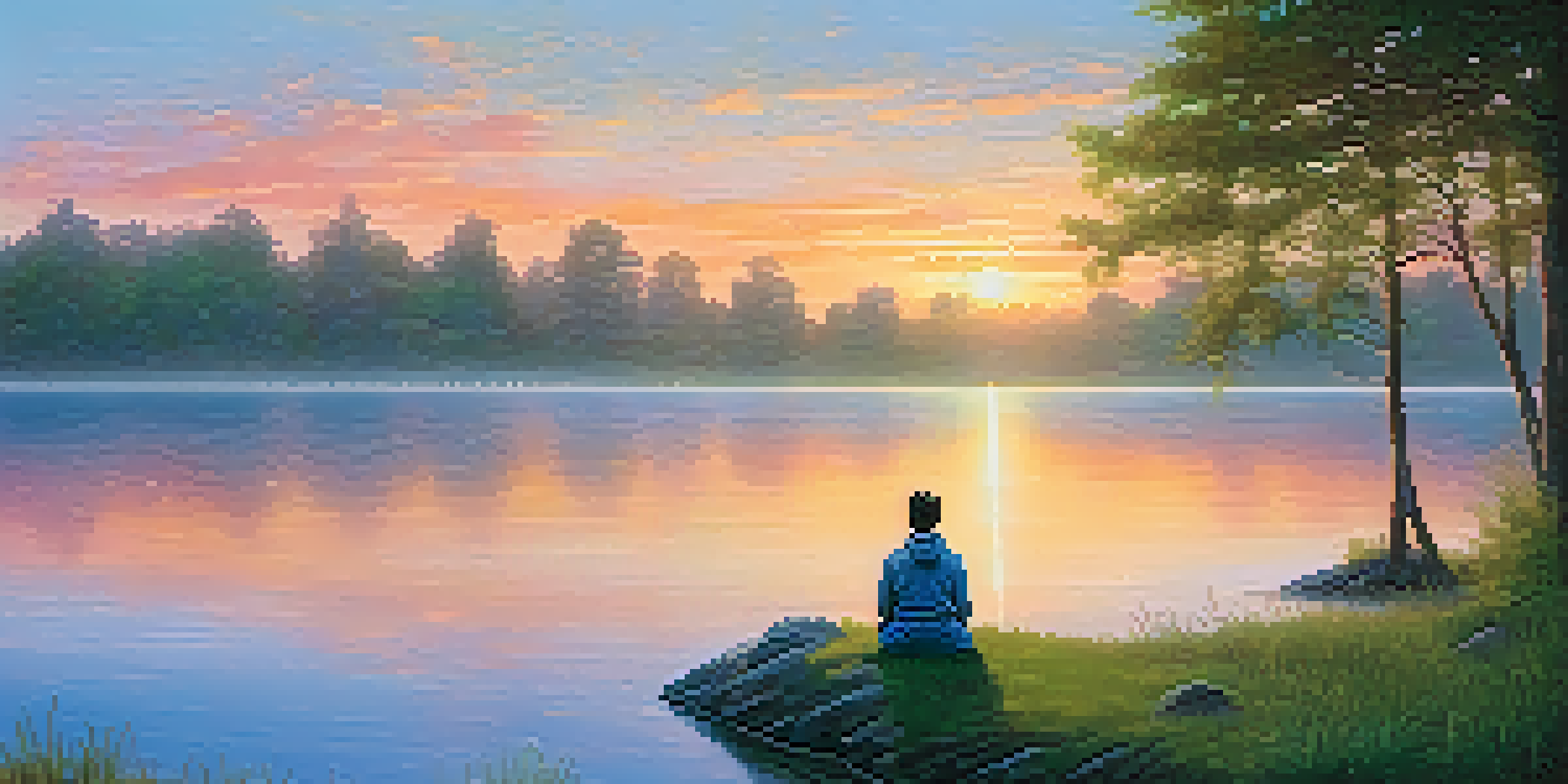 A person meditating on a rock by a tranquil lake at sunrise, surrounded by greenery and mist.