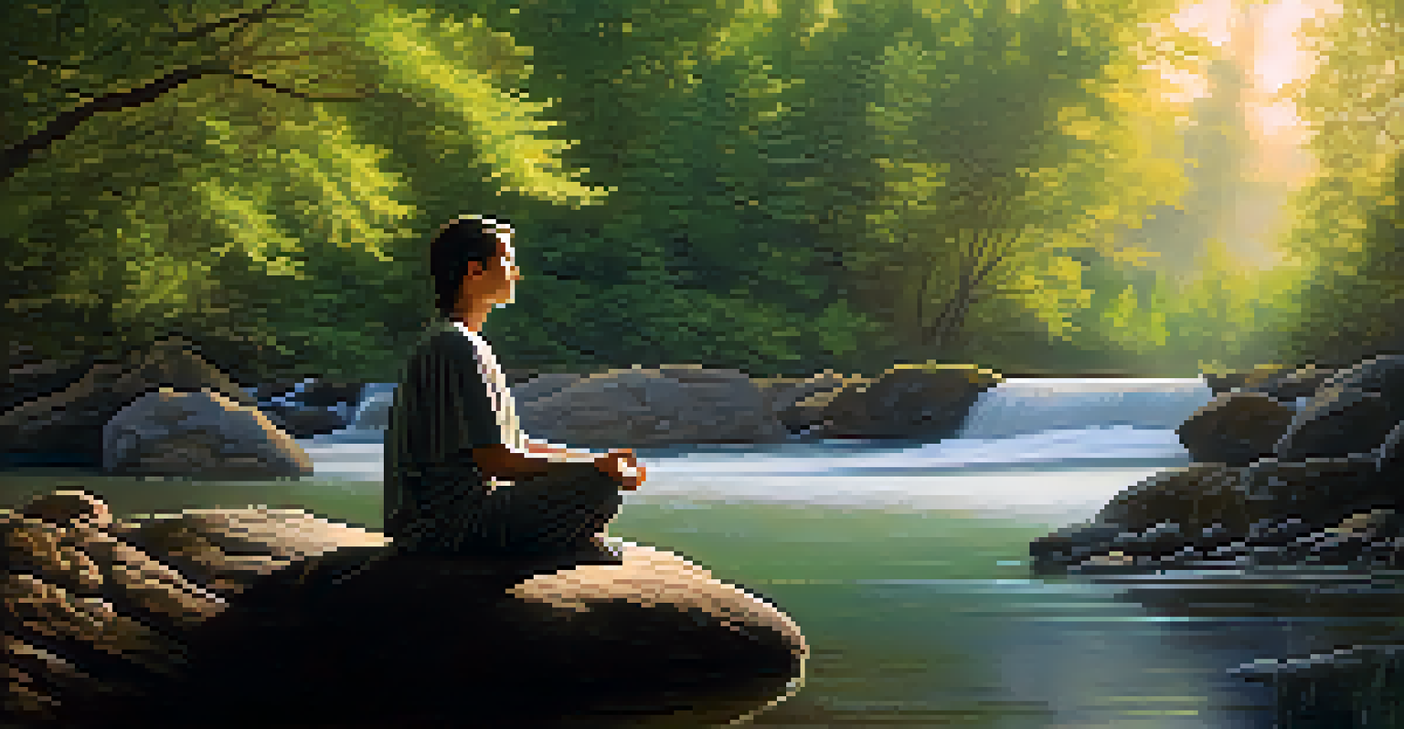 A person meditating on a rock by a tranquil river in a serene forest with soft golden light filtering through the trees.