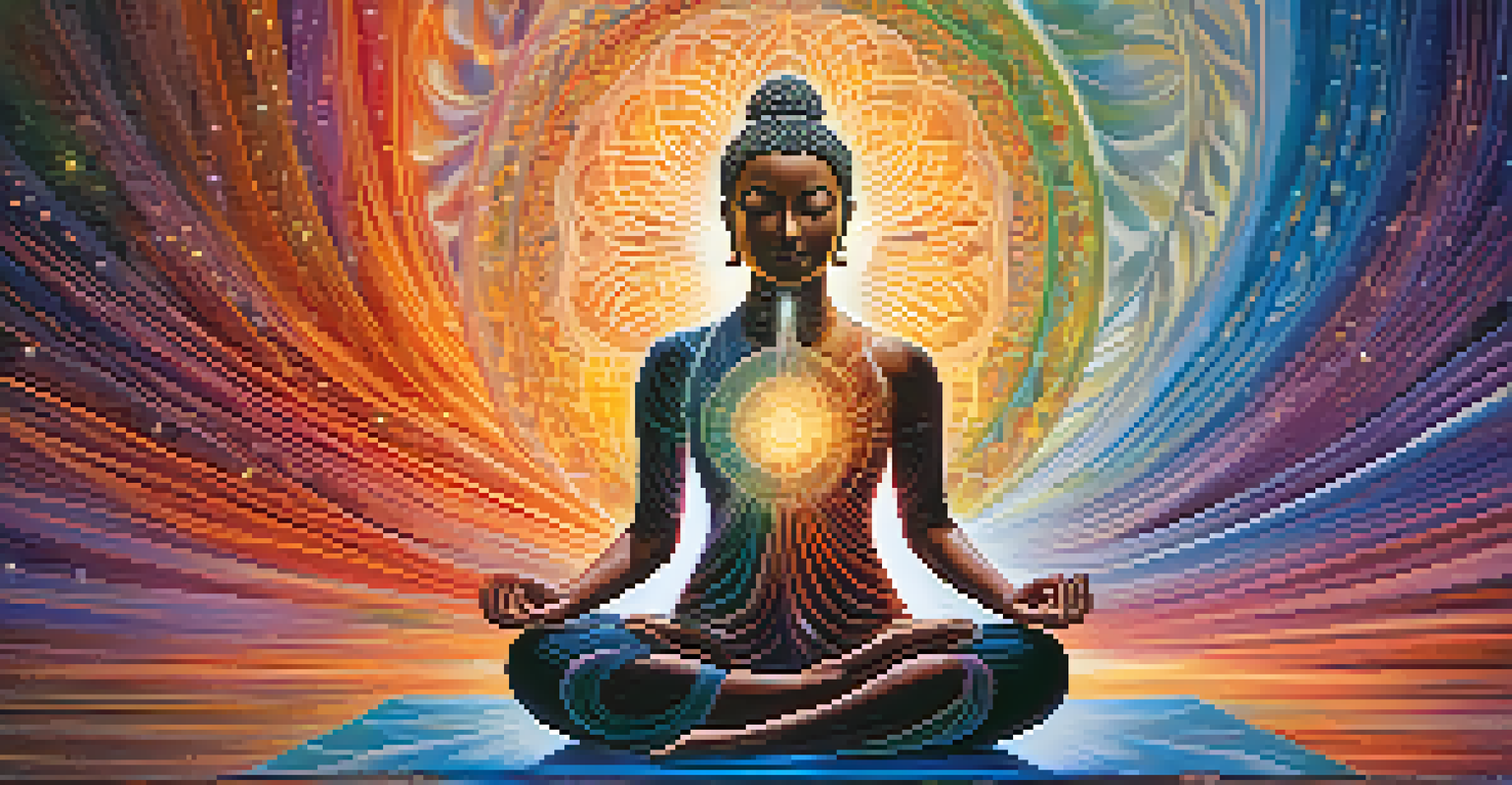 An abstract image of a meditating figure with vibrant colors and light emanating from their heart, symbolizing connection to the higher self.