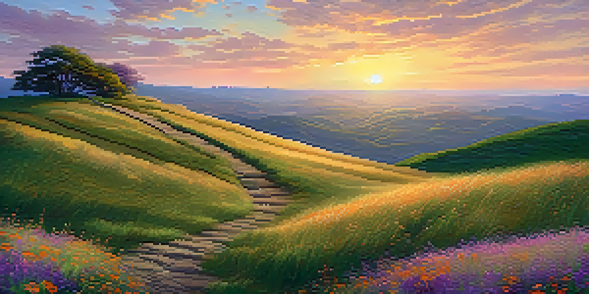 A wooden cross on a hill during sunset with a colorful sky and blooming wildflowers in the foreground.