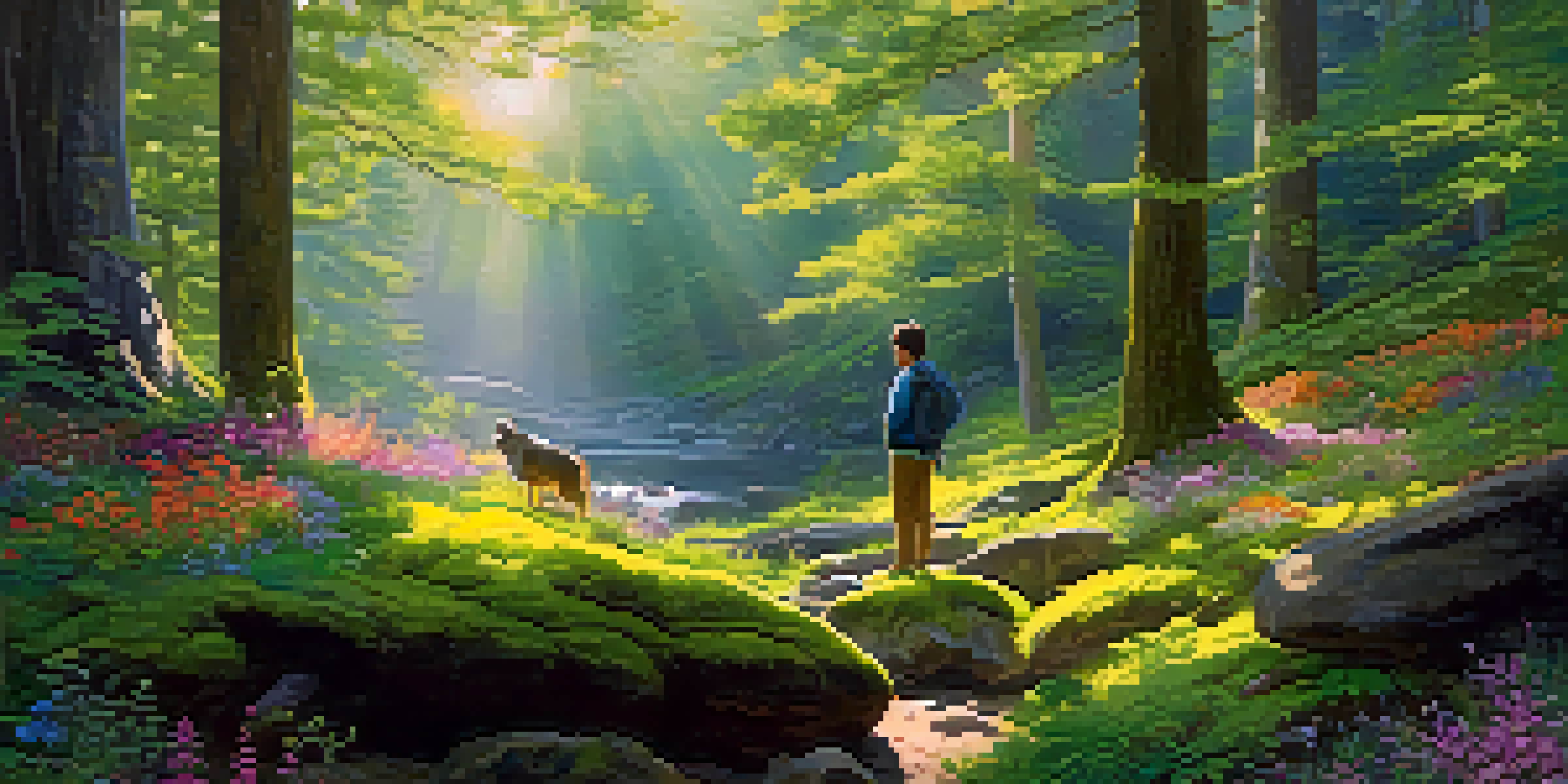 A person meditating on a moss-covered rock in a serene forest with sunlight filtering through the trees.