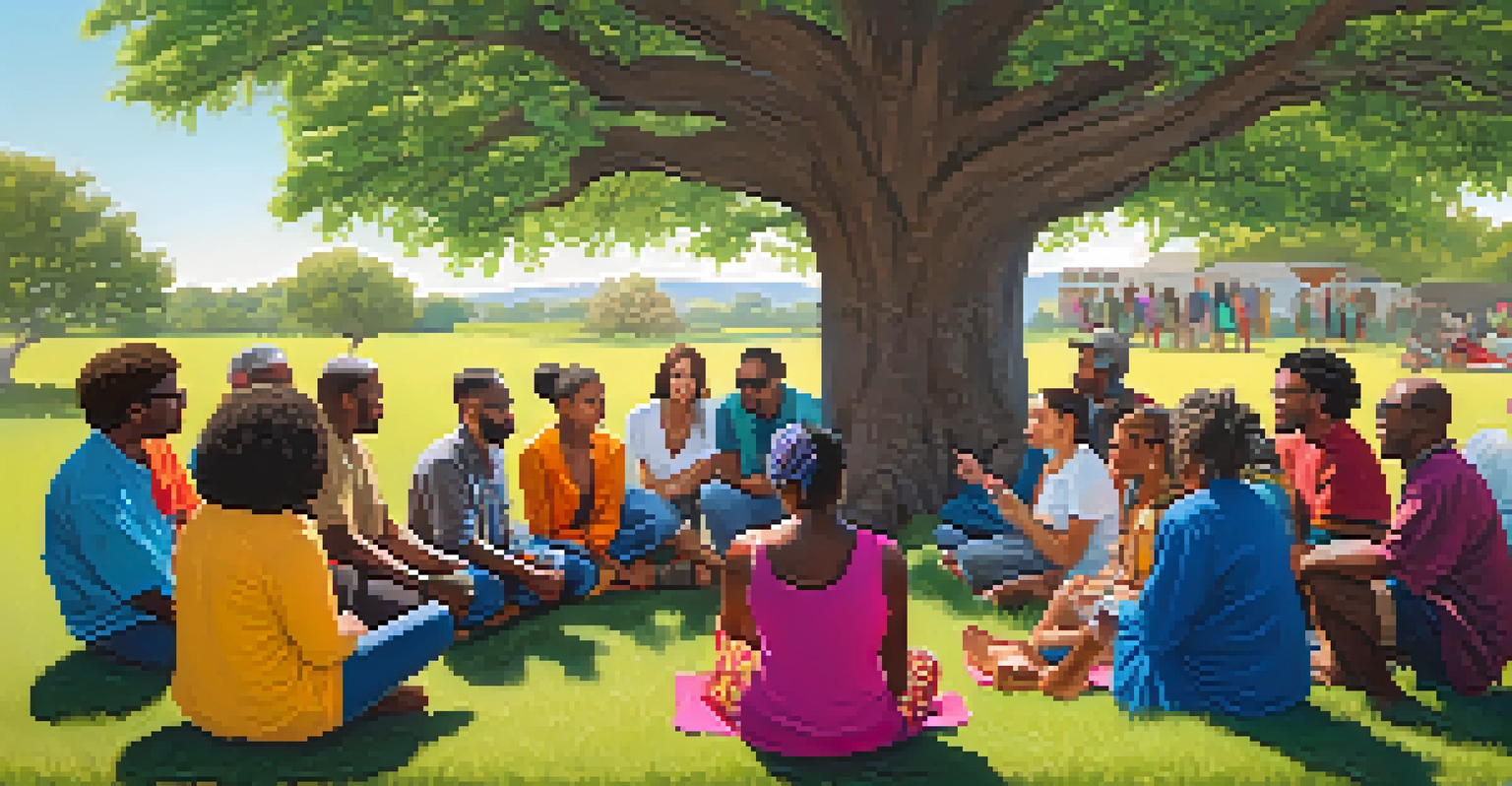 A diverse group of people in a circle discussing under a tree in a vibrant outdoor setting.