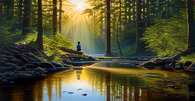 A peaceful forest at sunrise with a meditating figure by a stream.
