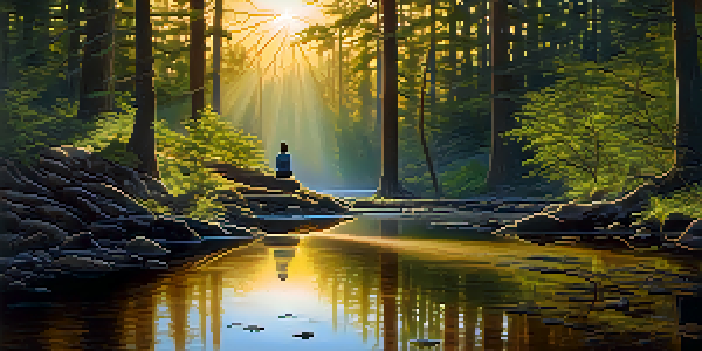 A peaceful forest at sunrise with a meditating figure by a stream.