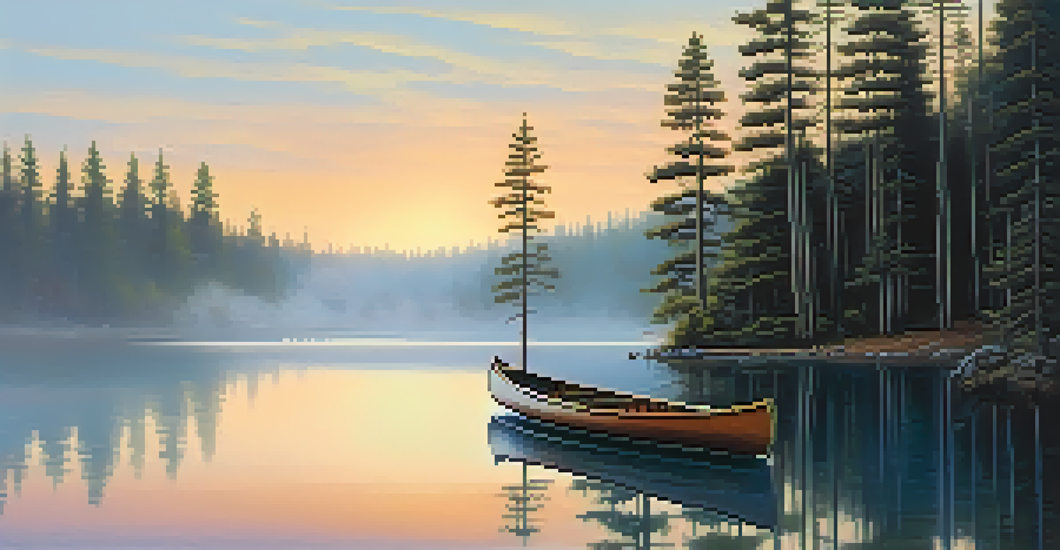 A calm lake at dawn with mist and a canoe, surrounded by pine trees under a pastel sky.