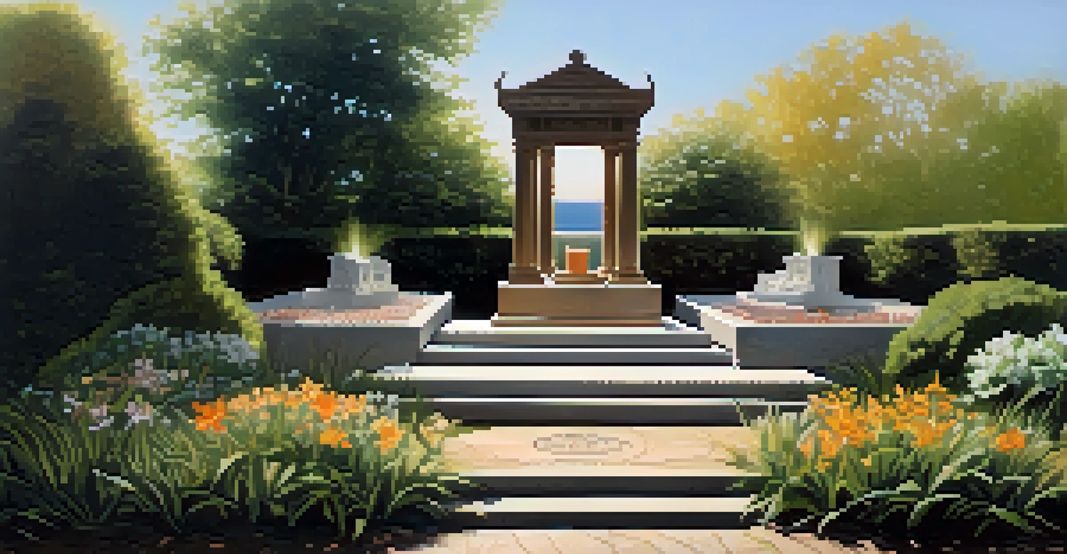 A natural altar made of stones, leaves, and flowers in a peaceful garden.