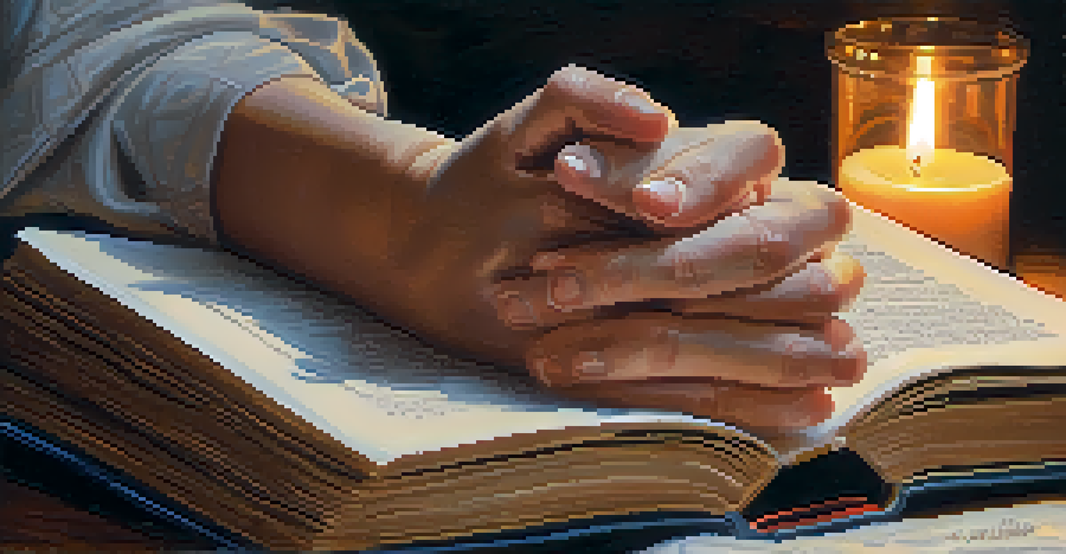 Close-up of clasped hands in prayer on an open book with inspirational quotes, set against a softly blurred candlelit background.
