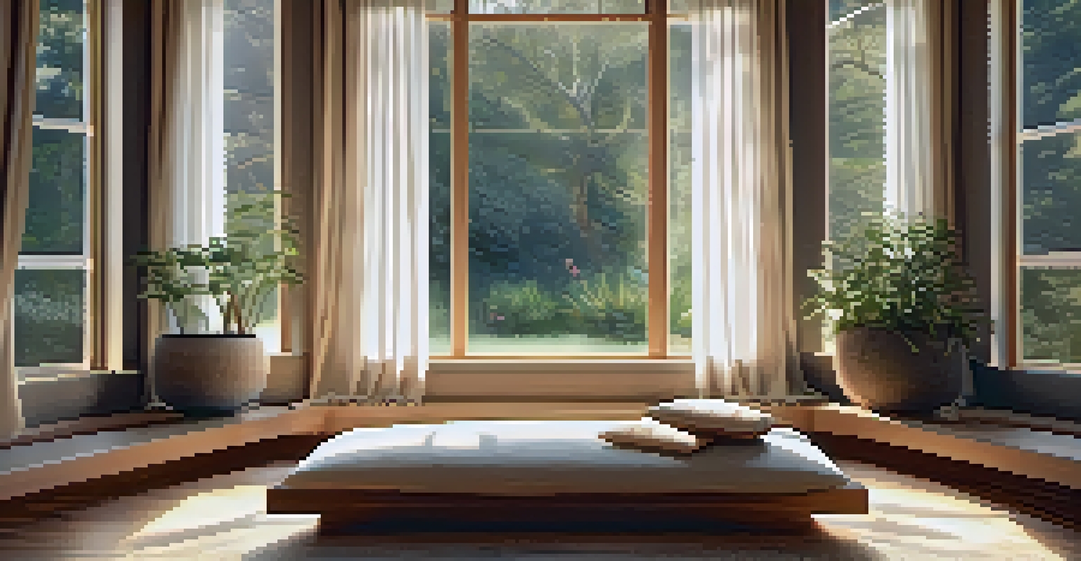 A cozy meditation space with a plush cushion, candles, and plants, illuminated by soft natural light from a window.