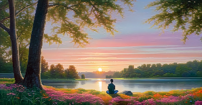 A person meditating by a tranquil lake during sunrise, surrounded by colorful wildflowers.