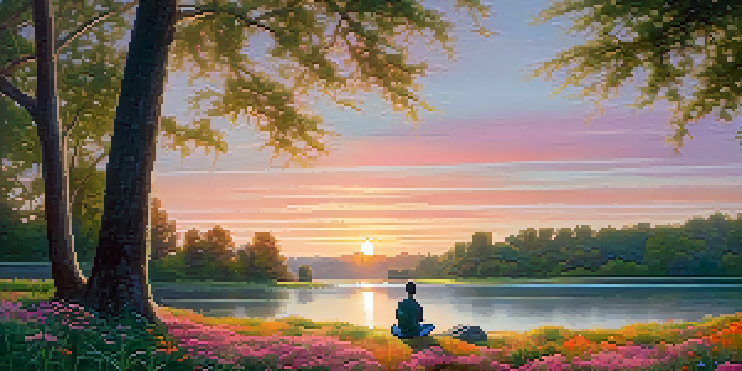 A person meditating by a tranquil lake during sunrise, surrounded by colorful wildflowers.