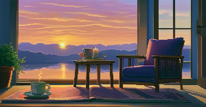 A cozy evening reflection space with an armchair, a candle, a journal, and a sunset outside the window.
