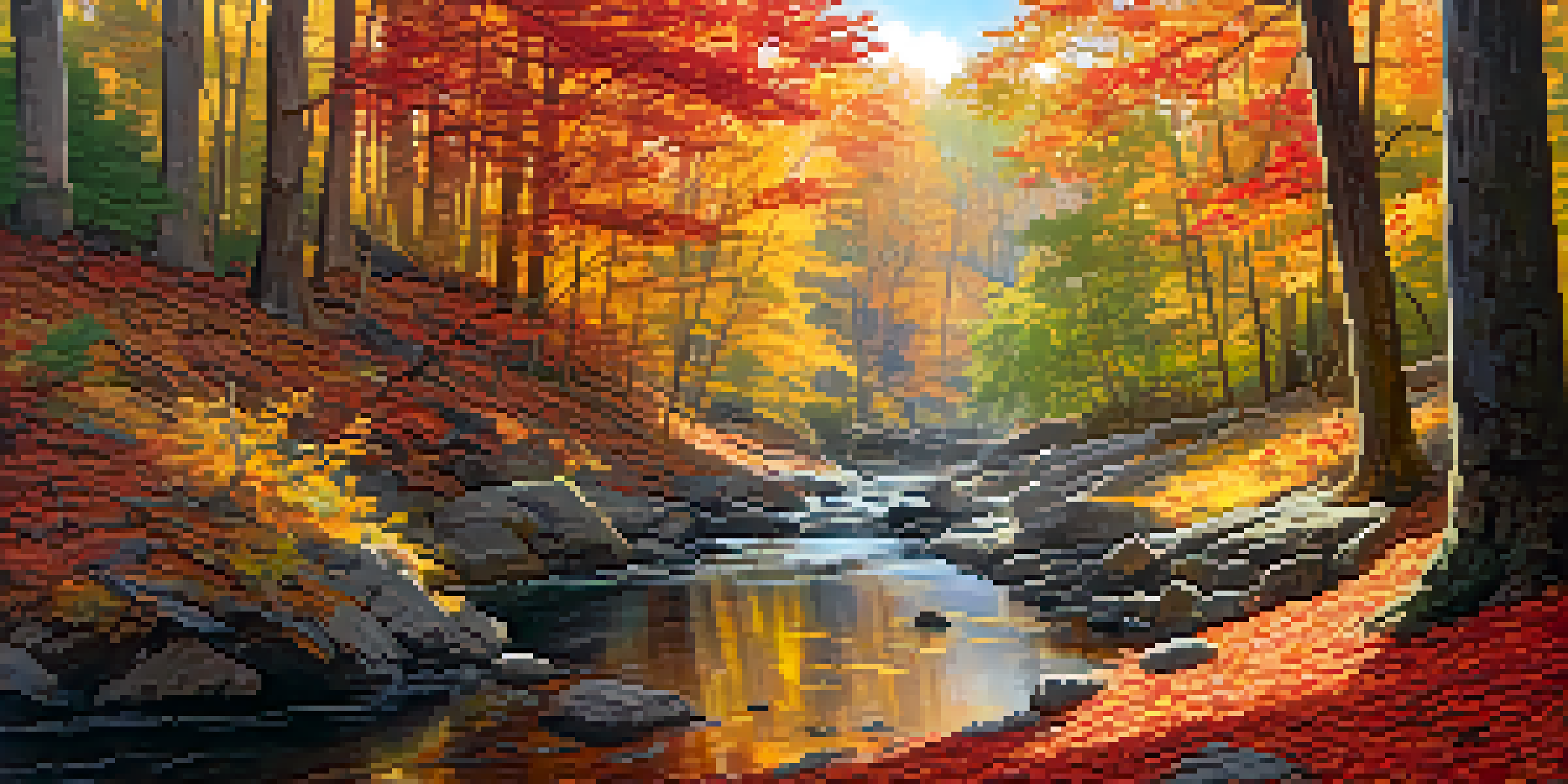 An autumn forest with colorful leaves and a gentle stream, sunlight filtering through the trees.