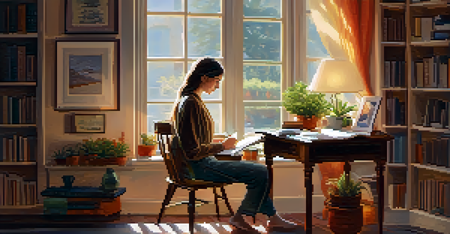 A person journaling by a window with a cup of tea and inspirational books on the desk.