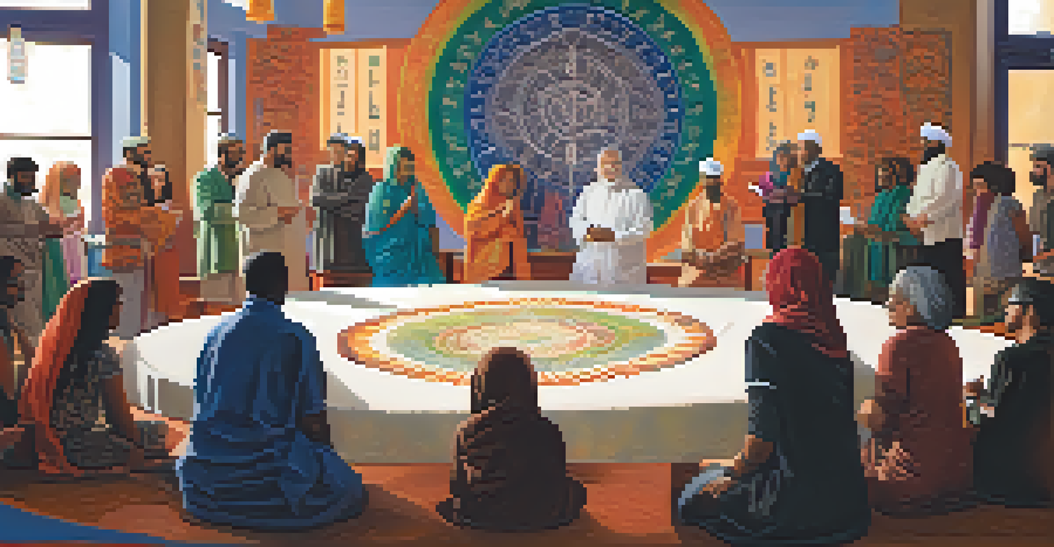 An interfaith gathering with diverse individuals sharing their spiritual beliefs in a warmly lit community center.
