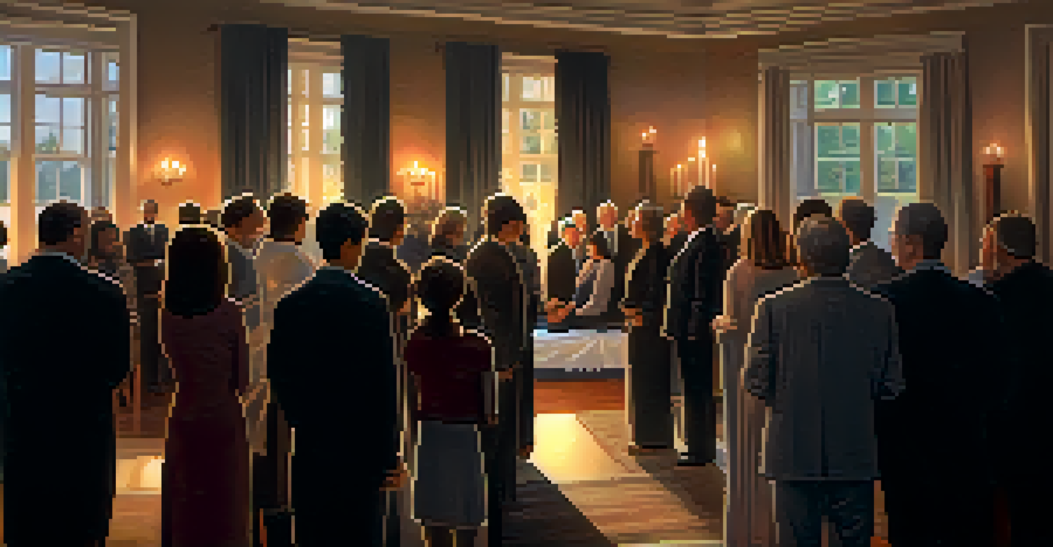 A memorial ceremony with participants in a circle, candles illuminating framed photos, creating a supportive and reflective ambiance.