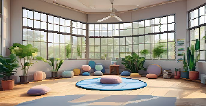 A peaceful meditation space in a school with cushions, plants, and soft lighting.
