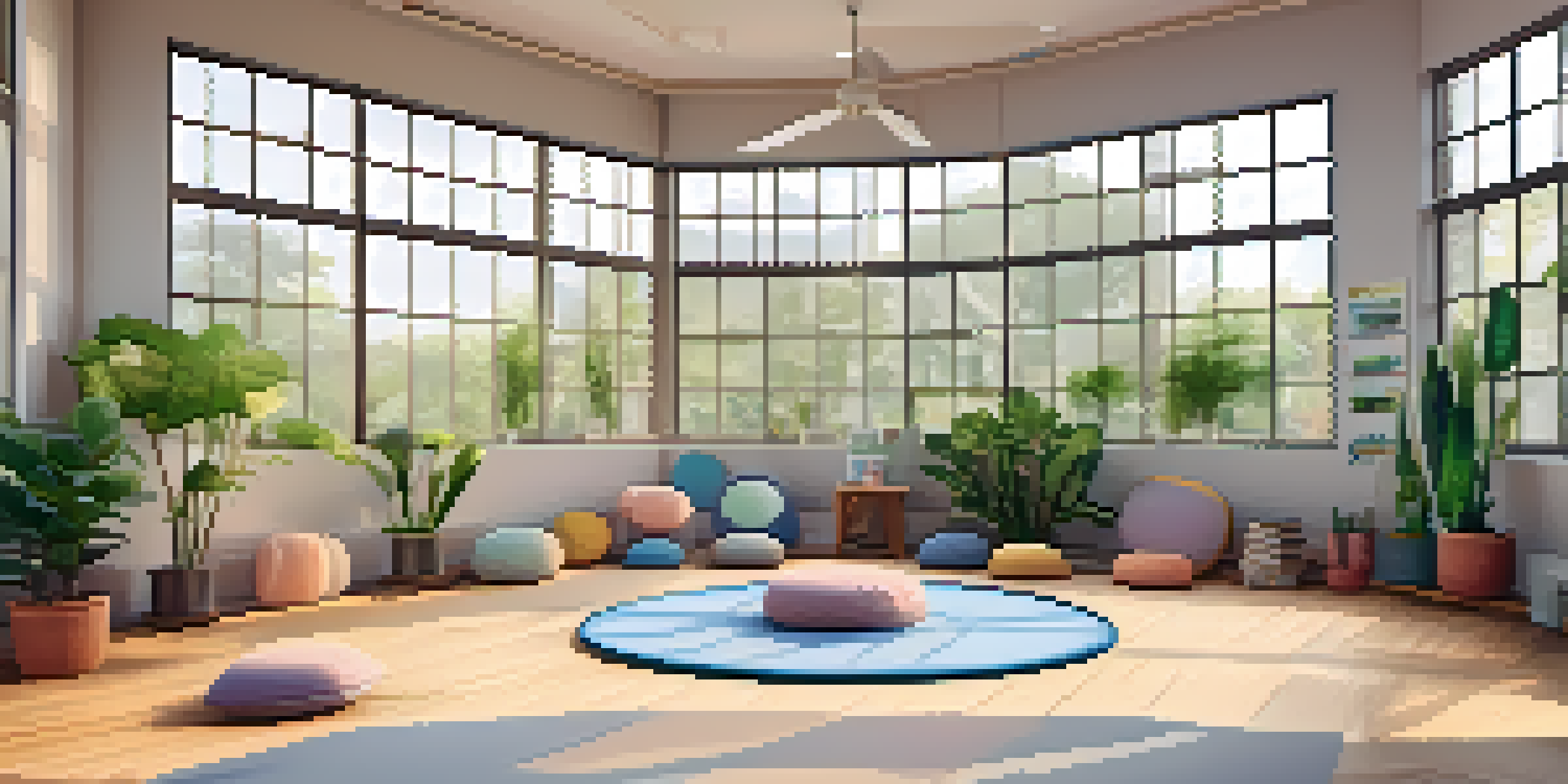 A peaceful meditation space in a school with cushions, plants, and soft lighting.