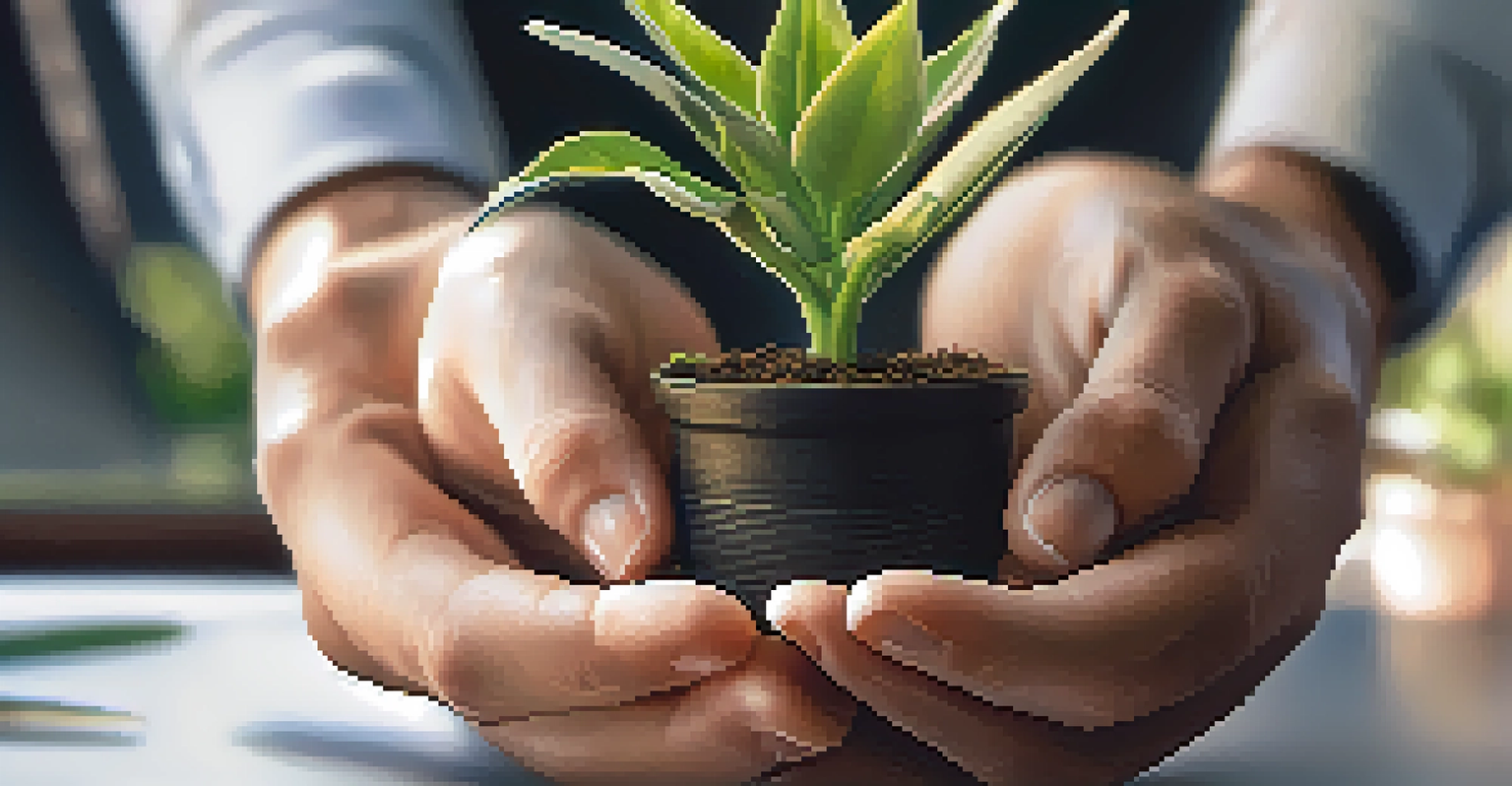 Close-up of hands holding a small potted plant in a blurred office setting, symbolizing growth and sustainability.
