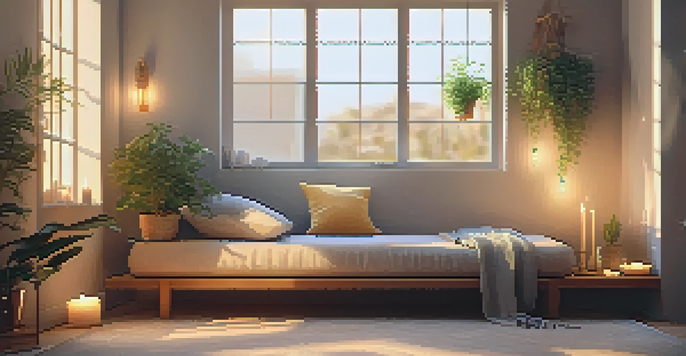 A cozy meditation corner with cushions, candles, and a plant, illuminated by warm light from a window.