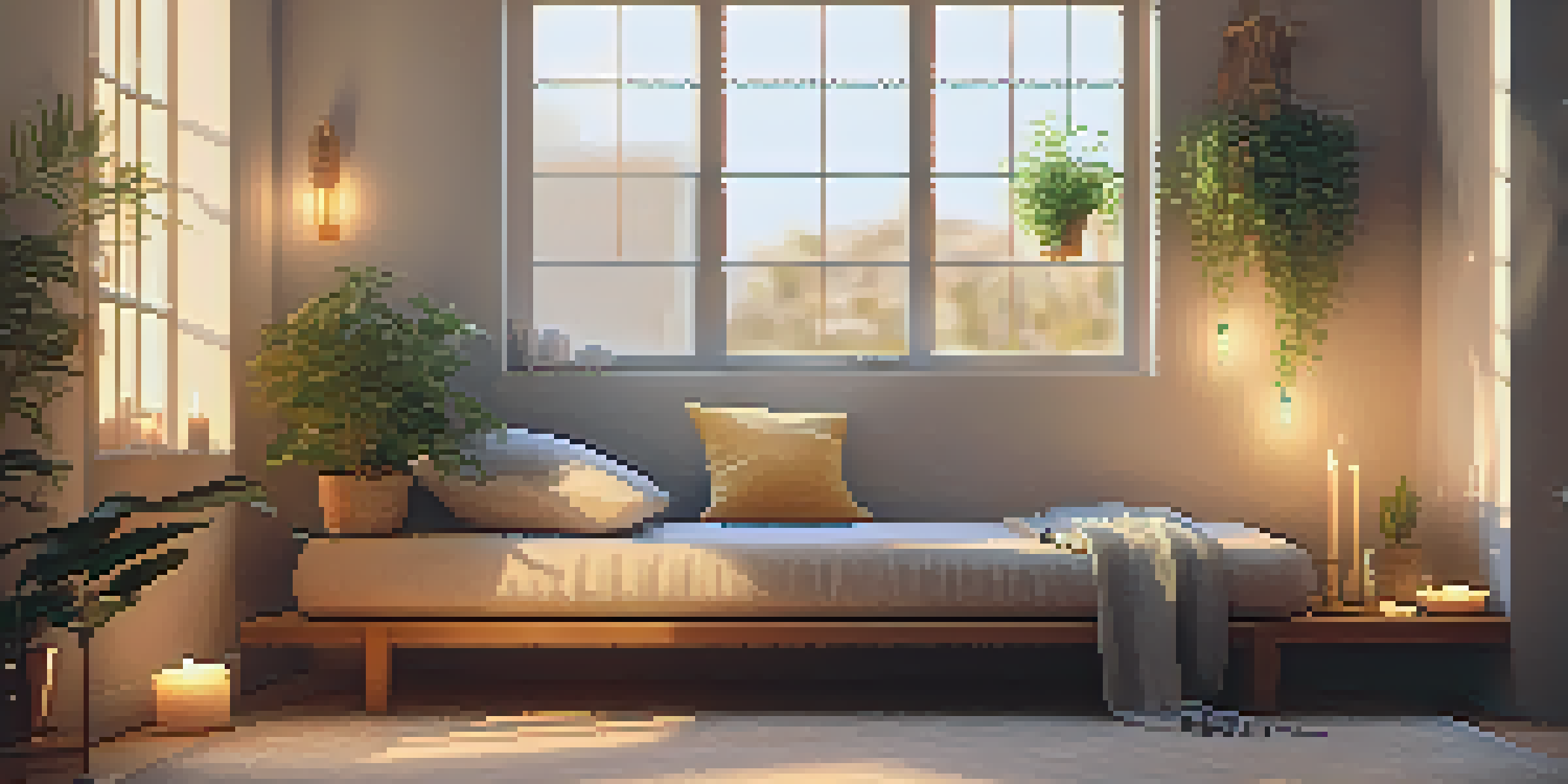 A cozy meditation corner with cushions, candles, and a plant, illuminated by warm light from a window.