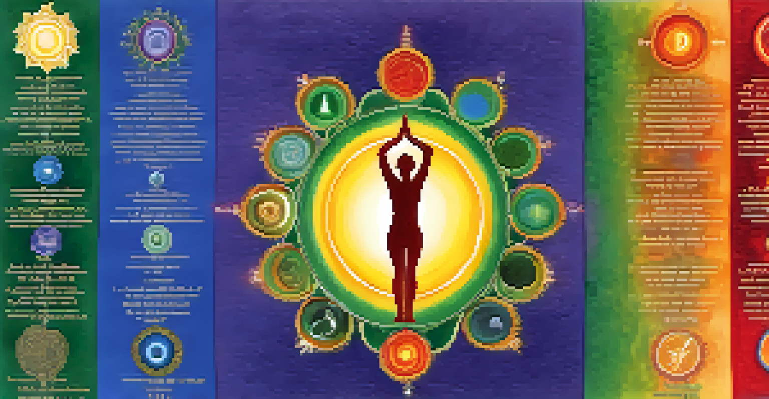 A human silhouette displaying the seven chakras in vibrant colors against a gradient background.