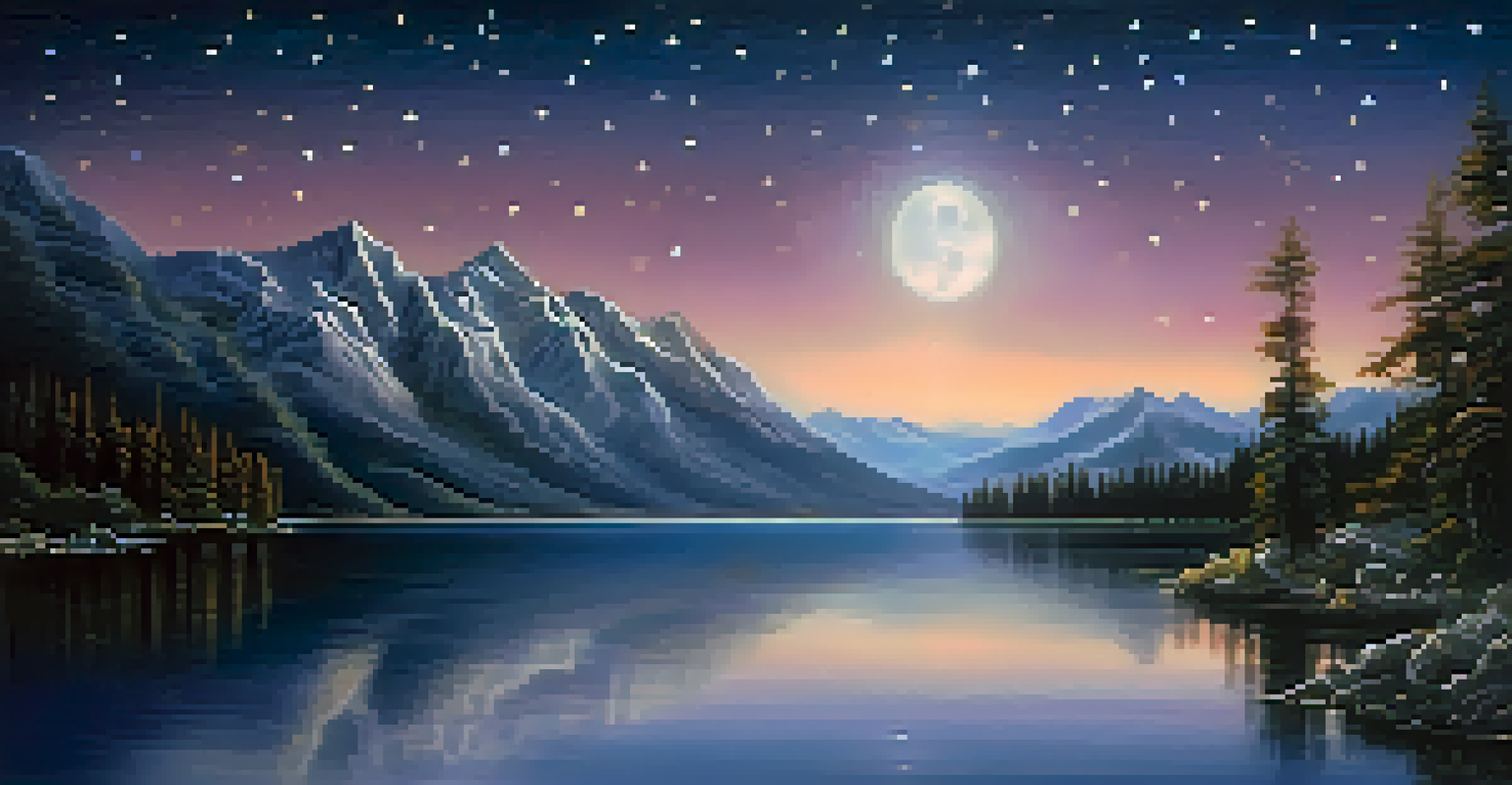 A serene lake surrounded by mountains under a starlit sky, with reflections of stars and moonlight on the water.