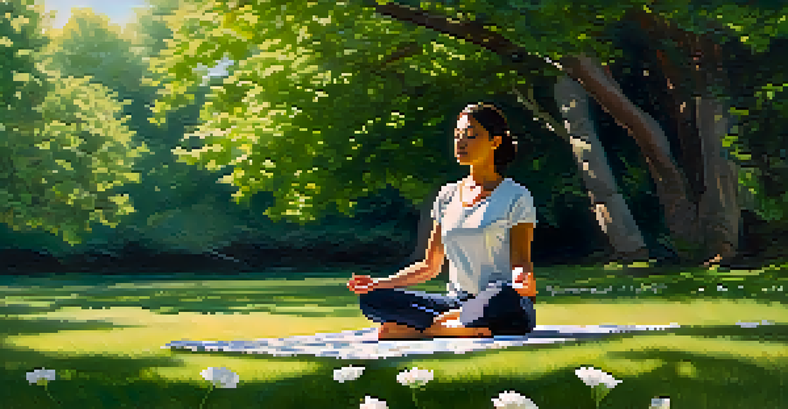 An individual meditating peacefully in a green park surrounded by trees and flowers.