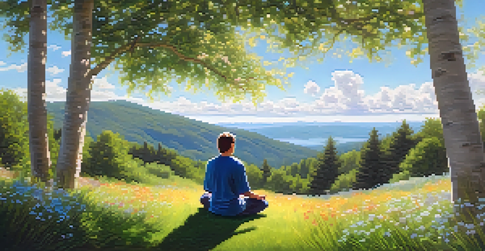 A person practicing mindfulness in a peaceful outdoor setting, surrounded by nature, with sunlight filtering through trees and blooming flowers.