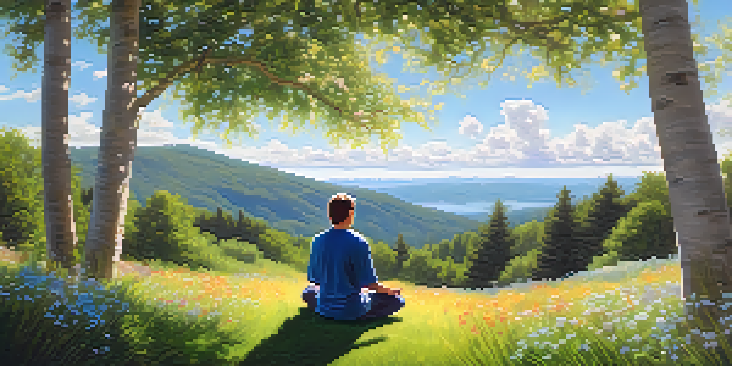 A person practicing mindfulness in a peaceful outdoor setting, surrounded by nature, with sunlight filtering through trees and blooming flowers.