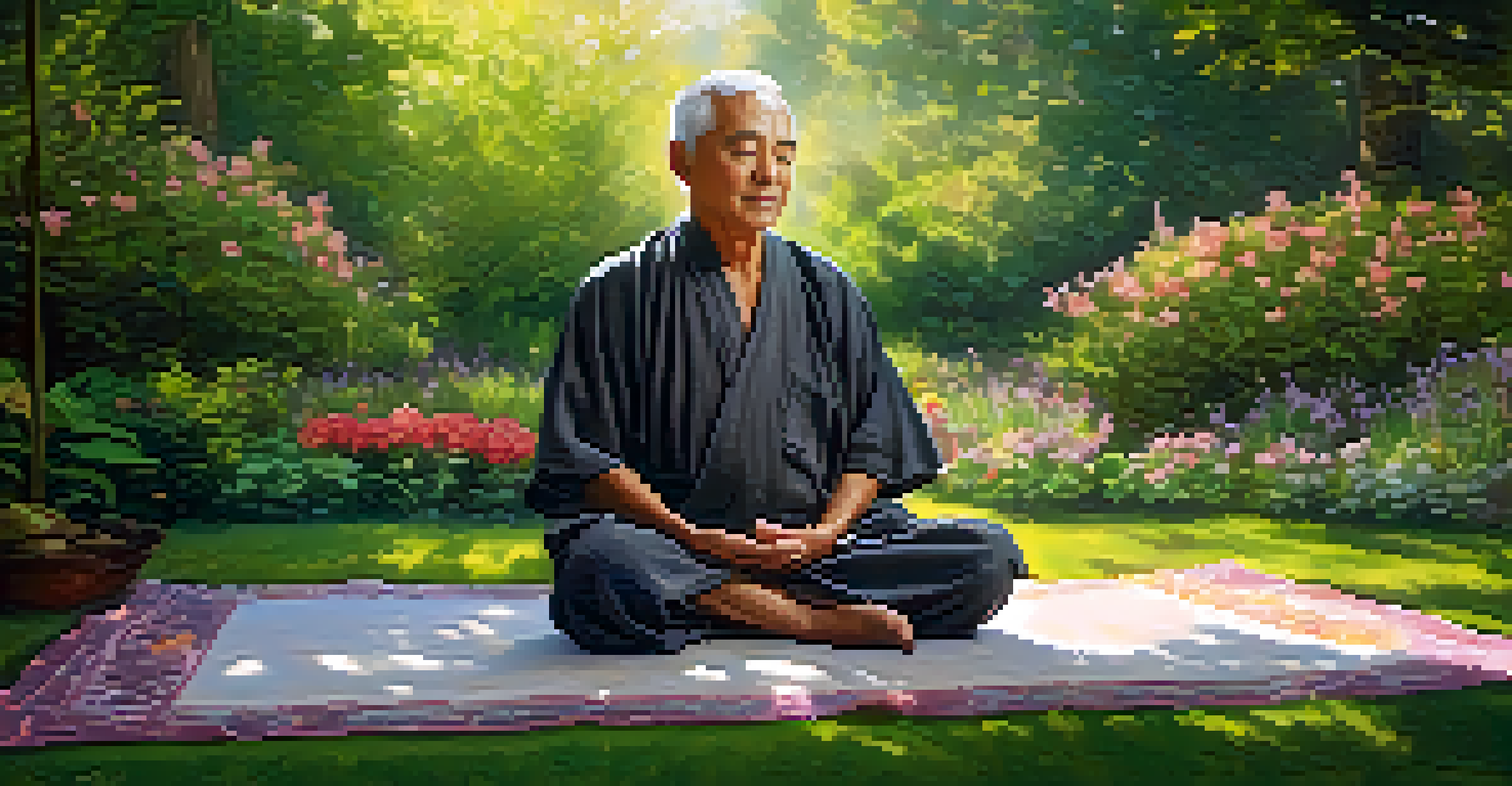 A senior man meditating in a vibrant garden, seated cross-legged with a serene expression, surrounded by flowers and greenery.