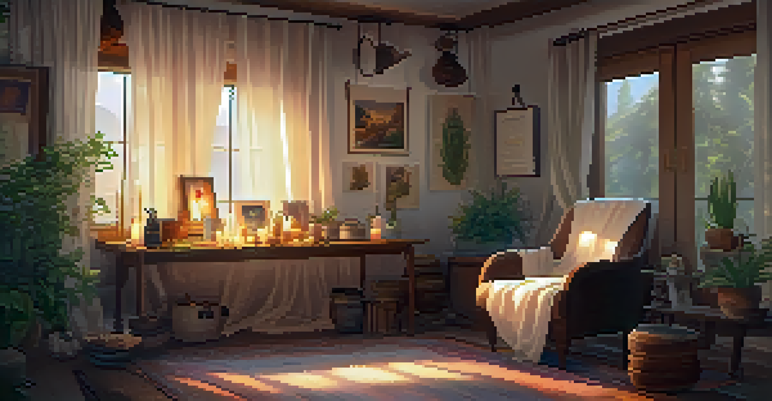 A cozy spiritual healer's workspace with a comfortable chair and an altar, illuminated by soft light.