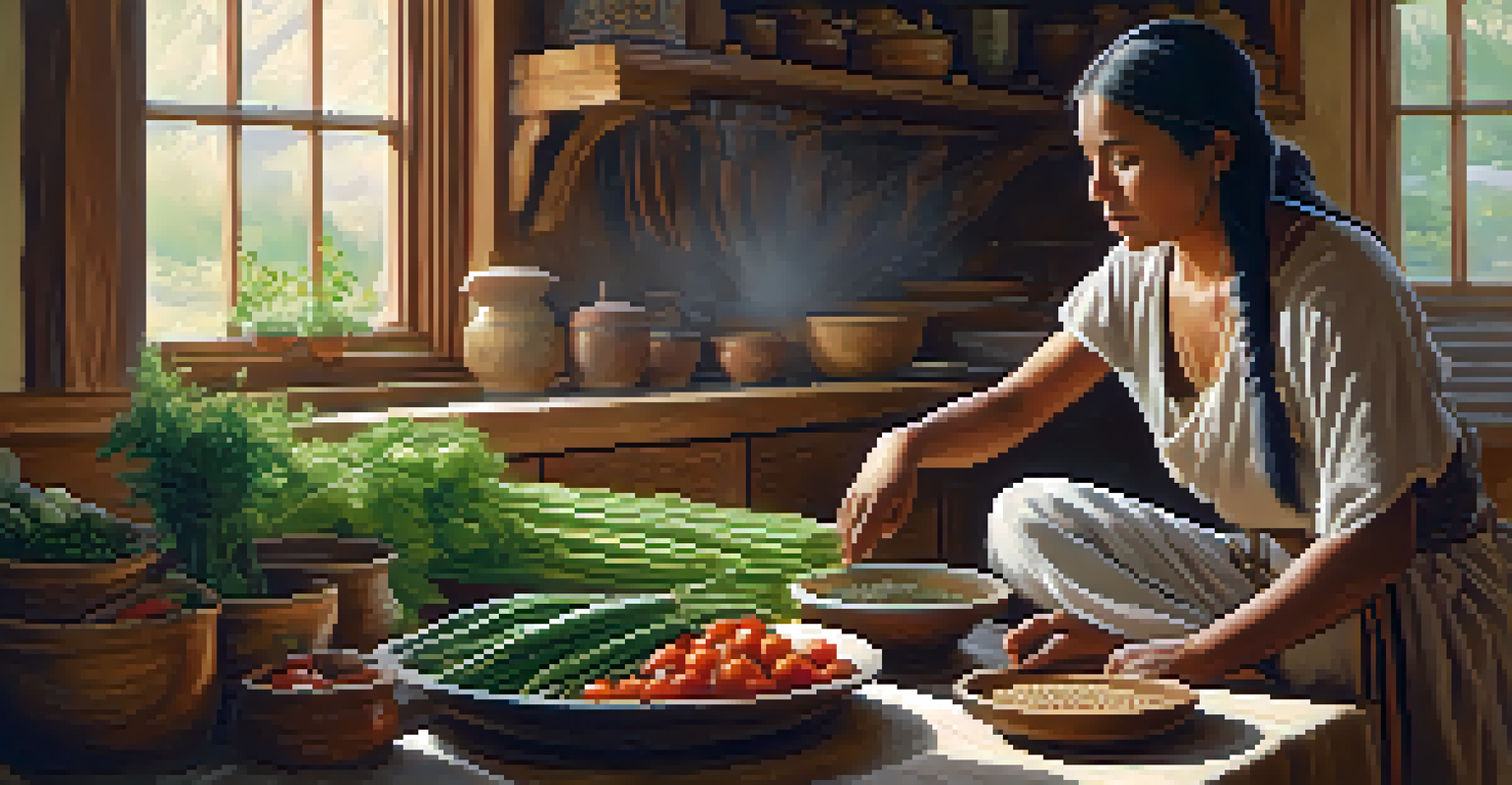 A Native American woman preparing food with herbs and vegetables, performing a ritual in a warmly lit kitchen, showcasing her connection to culture.